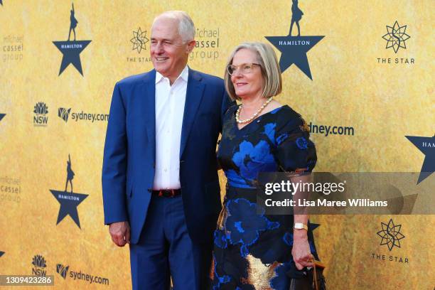 Malcom Turnbull and Lucy Turnbull attend the Australian premiere of Hamilton at Lyric Theatre, Star City on March 27, 2021 in Sydney, Australia.