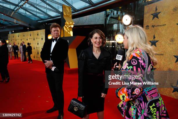 Gladys Berejiklian is interviewed by Angela Bishop at the Australian premiere of Hamilton at Lyric Theatre, Star City on March 27, 2021 in Sydney,...