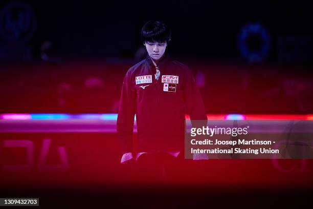 Yuzuru Hanyu of Japan prepares ahead of the Men's Free Skating during day four of the ISU World Figure Skating Championships at Ericsson Globe on...