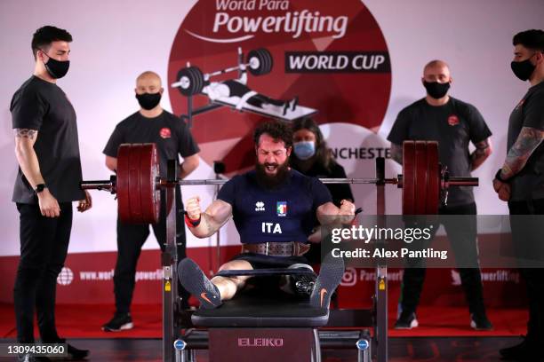 Andrea Maria Quarto of Italy celebrates a lift in the Men's up to 97kg during day 3 of the Para Powerlifting World Cup at Wythenshawe Forum on March...