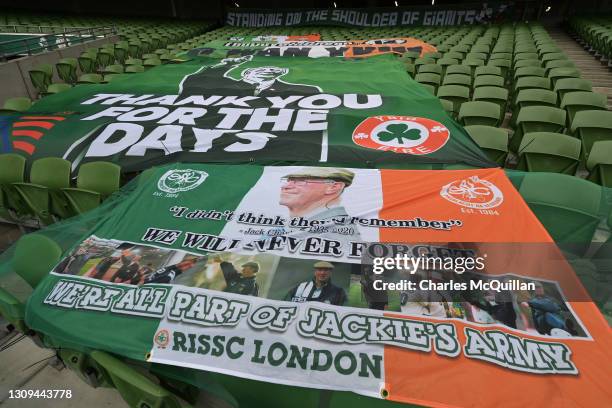 General view inside the stadium of flags placed in memory of Jack Charlton prior to the FIFA World Cup 2022 Qatar qualifying match between Republic...