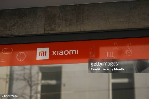Xiaomi logo sign is displayed at the entrance on March 25, 2021 in Berlin, Germany.