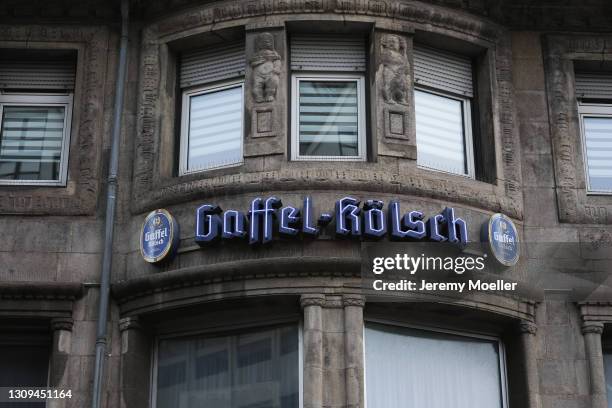 Gaffel Kölsch logo sign is displayed at the building on March 25, 2021 in Berlin, Germany.