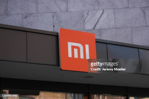 Xiaomi logo sign is displayed at the entrance on March 25, 2021 in Berlin, Germany.