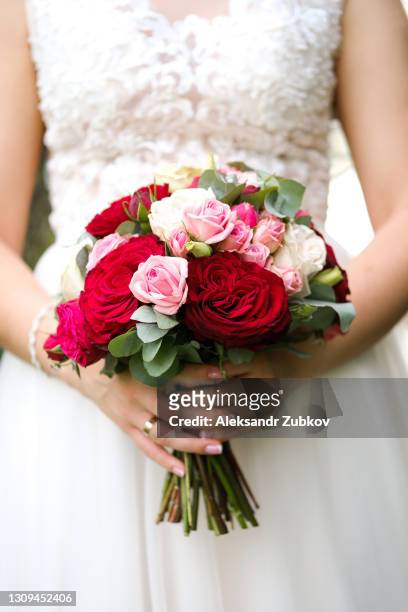 a beautiful bouquet with pink, red and white roses in the hands of a girl or woman. the bride in a luxurious expensive elegant dress holds a wedding bouquet in her hands. - ブーケ　花嫁 ストックフォトと画像