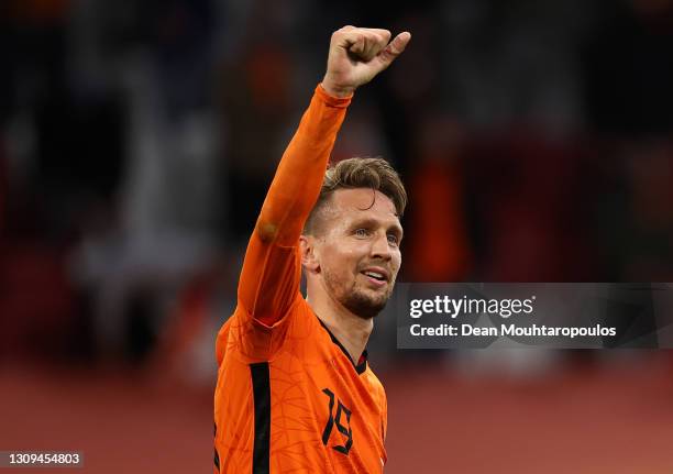 Luuk de Jong of Netherlands celebrates after scoring their team's second goal during the FIFA World Cup 2022 Qatar qualifying match between the...