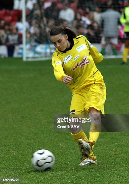Lady Sovereign gets a shot on goal during Celebrity World Cup Soccer Six Match at West Ham United Football Club in London, Great Britain.