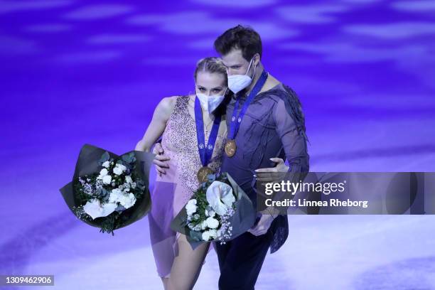 Gold medalists Victoria Sinitsina and Nikita Katsalapov of Figure Skating Federation of Russia celebrate during the medal ceremony for Ice Dance...