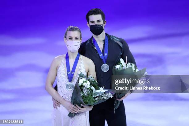 Silver medalists Madison Hubbell and Zachary Donohue of United States pose for a photo during the medal ceremony for Ice Dance Rhythm Dance and Ice...
