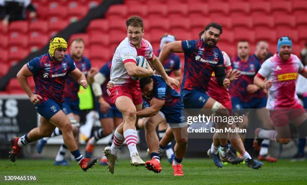 Andre Esterhuizen of Harlequins is tackled by Alapati Leiua of Bristol Bears during the Gallagher Premiership Rugby match between Bristol and...