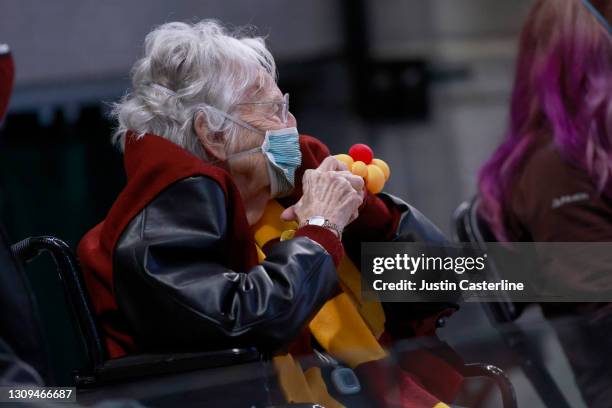 Sister Jeans watches the Loyola-Chicago Ramblers play against the Oregon State Beavers during the second half in the Sweet Sixteen round of the 2021...