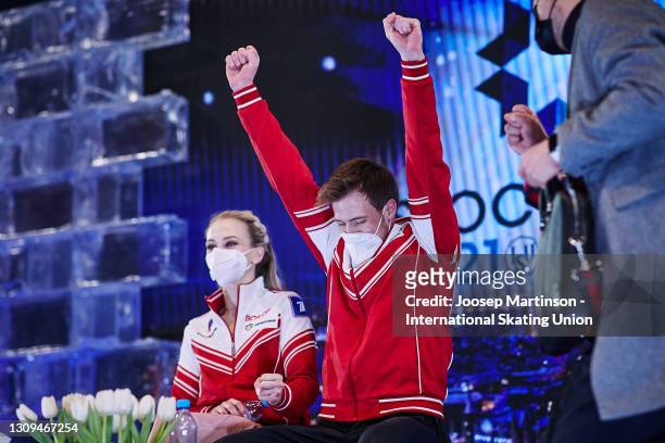 Victoria Sinitsina and Nikita Katsalapov of FSR react at the kiss and cry during Ice Dance Free Dance during day four of the ISU World Figure Skating...