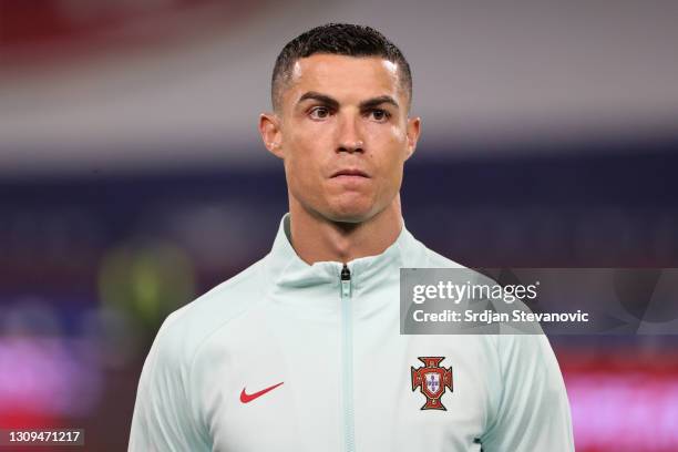 Cristiano Ronaldo of Portugal looks on during the FIFA World Cup 2022 Qatar qualifying match between Serbia and Portugal at FK Crvena Zvezda stadium...