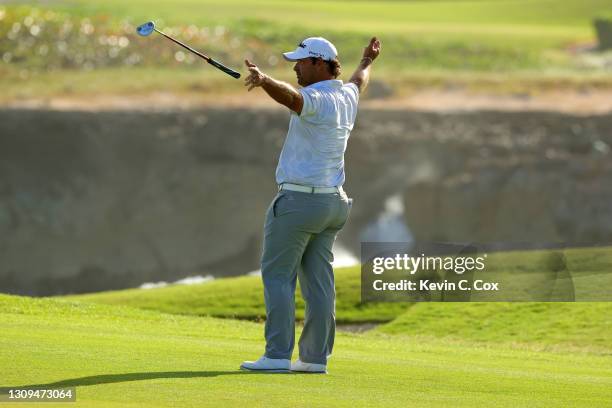 Rafael Campos of Puerto Rico reacts to a long birdie putt on the 18th green during the third round of the Corales Puntacana Resort & Club...