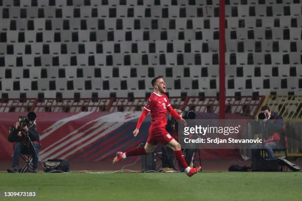 Filip Kostic of Serbia celebrates after scoring their team's second goal during the FIFA World Cup 2022 Qatar qualifying match between Serbia and...