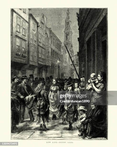 low life, crowed street scene, drury lane, victorian london, 19th century - slum stock illustrations