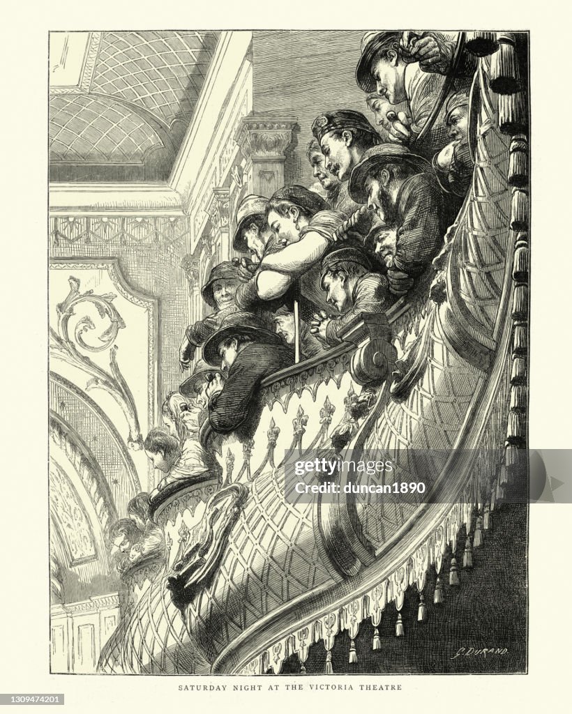 Publiek dat een show bekijkt bij Het Theater van Victoria, van cirkel of balkon, Londen, 19de Eeuw