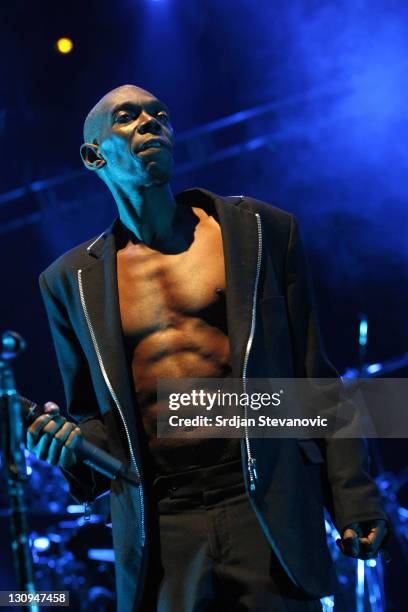 Maxi Jazz of Faithless perform at Belgrade Arena on March 22, 2011 in Belgrade, Serbia.