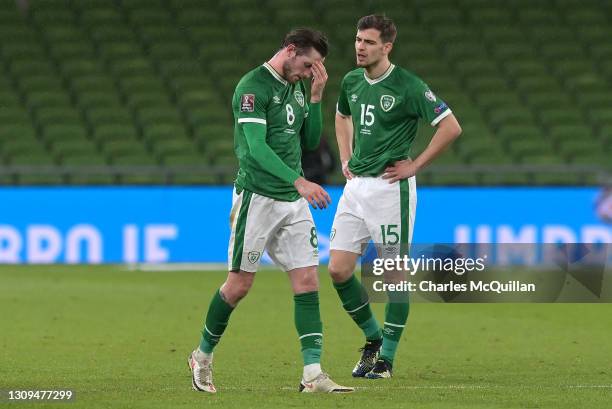 Alan Browne and Jayson Molumby of Republic of Ireland look dejected during the FIFA World Cup 2022 Qatar qualifying match between Republic of Ireland...