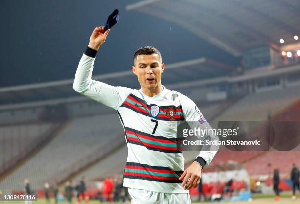 Cristiano Ronaldo of Portugal reacts during the FIFA World Cup 2022 Qatar qualifying match between Serbia and Portugal at FK Crvena Zvezda stadium on...