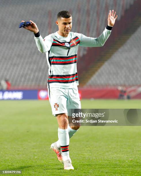 Cristiano Ronaldo of Portugal reacts during the FIFA World Cup 2022 Qatar qualifying match between Serbia and Portugal at FK Crvena Zvezda stadium on...