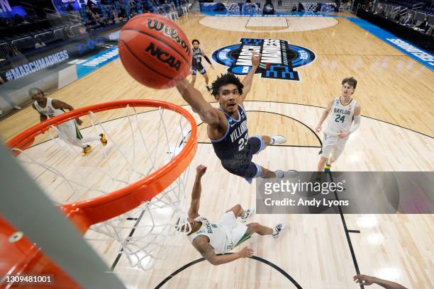 Jermaine Samuels of the Villanova Wildcats goes up for a dunk against the Baylor Bears in the first half of their Sweet Sixteen game of the 2021 NCAA...