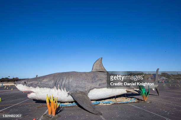 An 50' animatronic Megalodon shark is on display at Jurassic Quest Drive Thru at Del Mar Fairgrounds on March 27, 2021 in Del Mar, California....