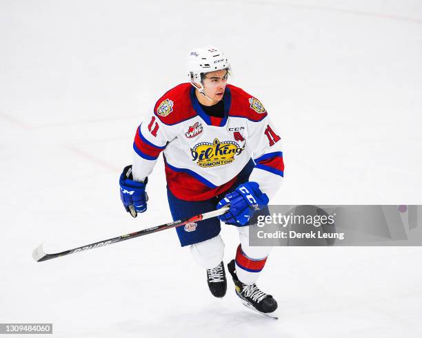 Dylan Guenther of the Edmonton Oil Kings in action against the Calgary Hitmen during a WHL game at Seven Chiefs Sportsplex on March 27, 2021 in...