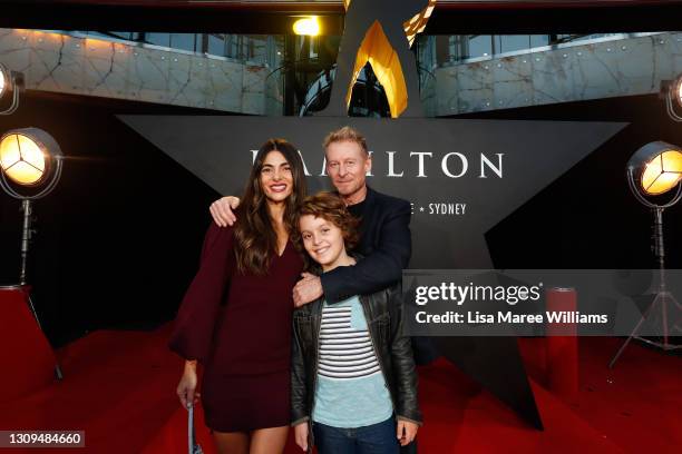 Silvia Colloca and Richard Roxburgh with their sone Miro Roxburgh attend the Australian premiere of Hamilton at Lyric Theatre, Star City on March 27,...