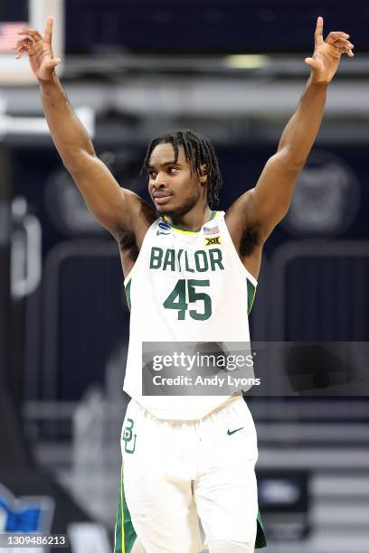 Davion Mitchell of the Baylor Bears celebrates in the final moments of their Sweet Sixteen game against the Villanova Wildcats in the 2021 NCAA Men's...