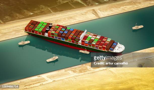 3d image of ship blocking suez canal - canal do suez imagens e fotografias de stock