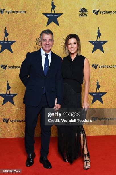 Tony Gillies and Kylie Gillies attend the Australian premiere of Hamilton at Lyric Theatre, Star City on March 27, 2021 in Sydney, Australia.
