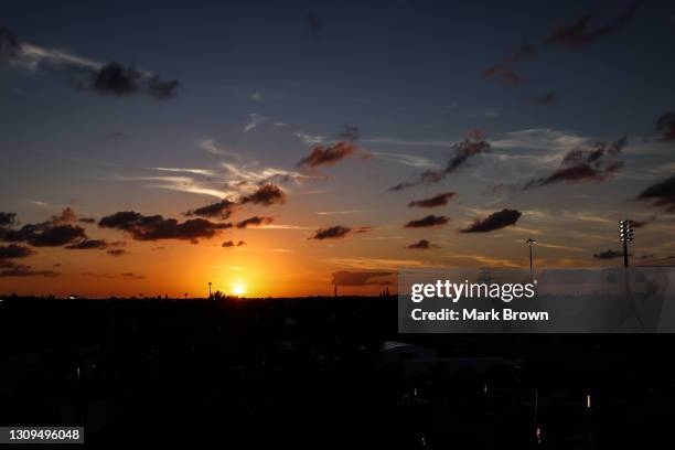 General view of the sunset on the Miami Open grounds during the match between Tennys Sandgren of the United States and Andrey Rublev of Russia during...