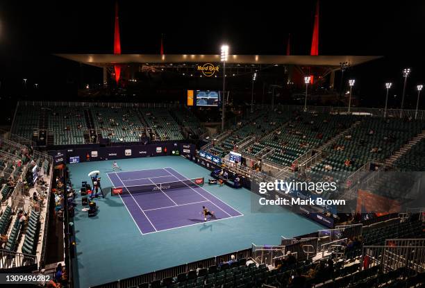 General view of the Grandstand Court during the match between Tennys Sandgren of the United States and Andrey Rublev of Russia during their men's...