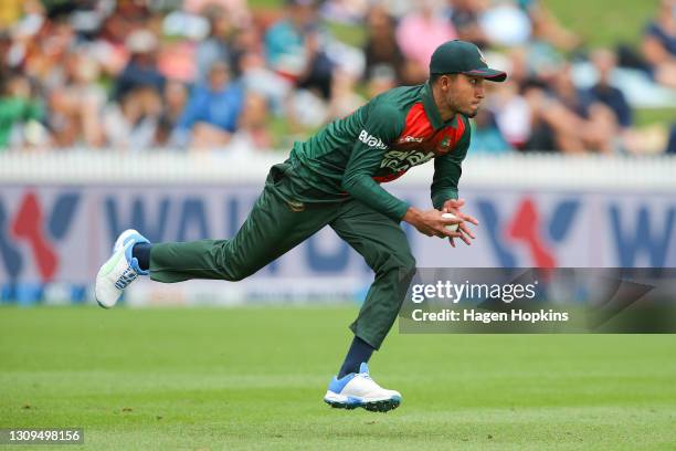 Afif Hossain of Bangladesh fields the ball during game one of the International T20 series between New Zealand and Bangladesh at Seddon Park on March...