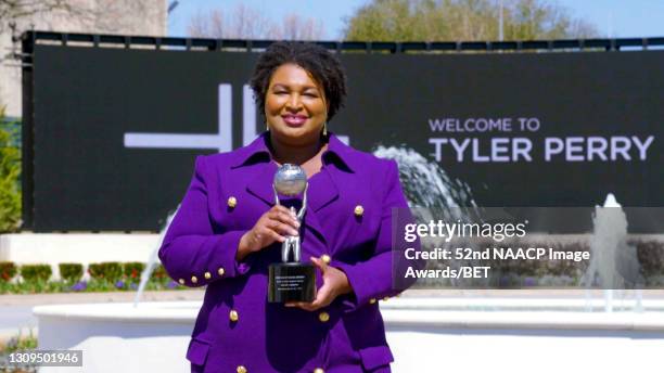 In this screengrab, Stacey Abrams accepts the Social Justice Impact Award during the 52nd NAACP Image Awards on March 27, 2021.