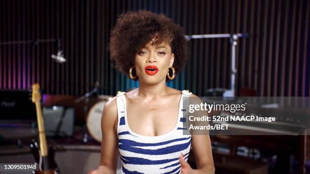 In this screengrab, presenter Andra Day speaks during the 52nd NAACP Image Awards on March 27, 2021.