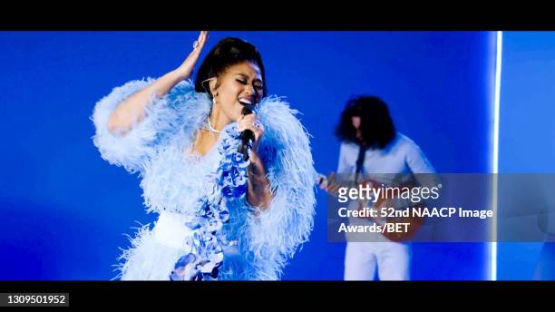 In this screengrab, Jazmine Sullivan performs onstage during the 52nd NAACP Image Awards on March 27, 2021.
