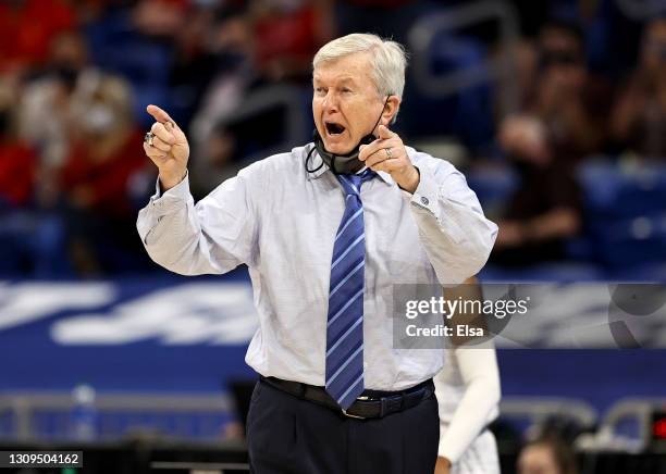 Head coach Gary Blair of the Texas A&M Aggies directs his players in the second half against the Arizona Wildcats during the Sweet Sixteen round of...