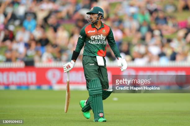 Soumya Sarkar of Bangladesh leaves the field after being dismissed during game one of the International T20 series between New Zealand and Bangladesh...