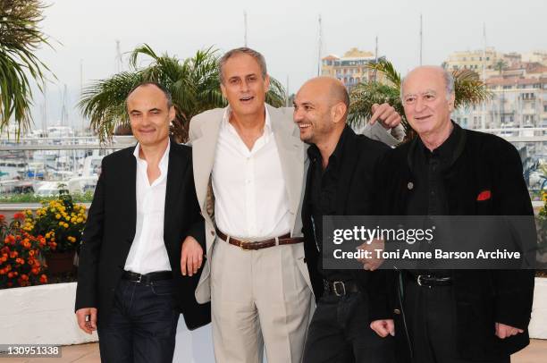 Philippe Val, Daniel Leconte, director, Richard Malka and artist Georges Wolinski attend the C'est Dur D'etre Aime Par Des Cons Photocall at the...