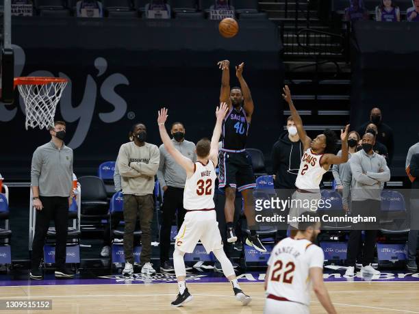Harrison Barnes of the Sacramento Kings makes a game-winning three point shot to win the game against the Cleveland Cavaliers at Golden 1 Center on...