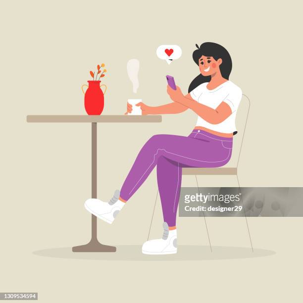 woman using mobile phone and hand holding smartphone. social media like and internet surfing vector design on color background. - young women stock illustrations