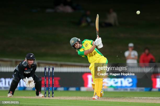 Ellyse Perry of Australia bats during game one of the International T20 series between New Zealand and Australia at Seddon Park on March 28, 2021 in...