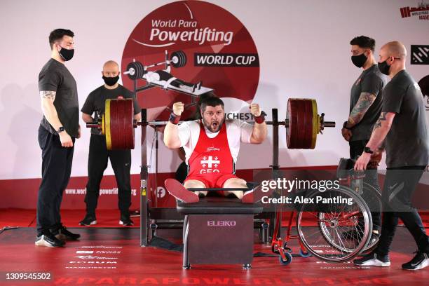 Silver medalist Akaki Jincharadze of Georgia celebrates a lift in the Men's up to 107kg during day four of the Para Powerlifting World Cup at...