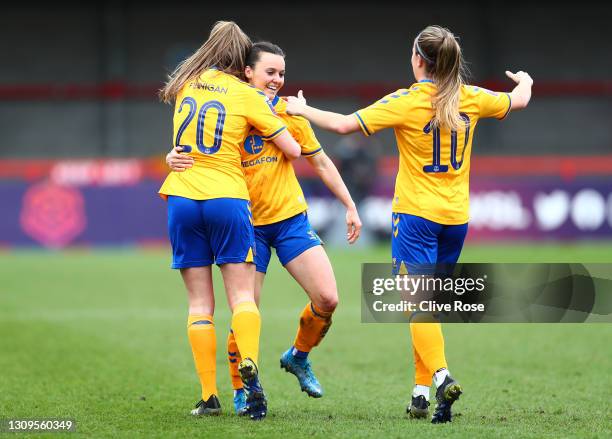 Hayley Raso of Everton celebrates with Megan Finnigan and Simone Magill after scoring her sides second goal during the Barclays FA Women's Super...