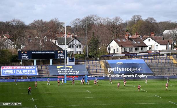 General view of play during the Betfred Super League match between Hull FC and Huddersfield Giants at Emerald Headingley Stadium on March 28, 2021 in...