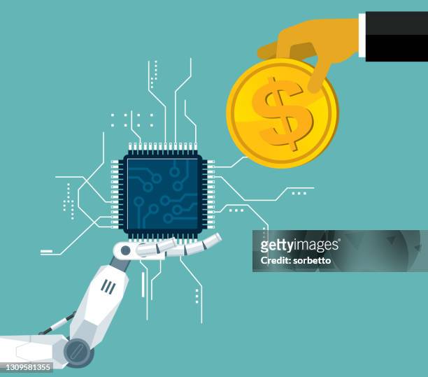 robot arm holding cpu - chips stock illustrations