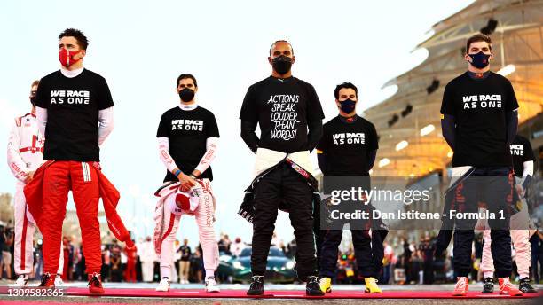 Charles Leclerc of Monaco and Ferrari, Antonio Giovinazzi of Italy and Alfa Romeo Racing, Lewis Hamilton of Great Britain and Mercedes GP, Sergio...