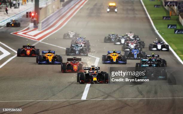 Max Verstappen of Netherlands and Red Bull Racing leads the field at the start of the race during the F1 Grand Prix of Bahrain at Bahrain...